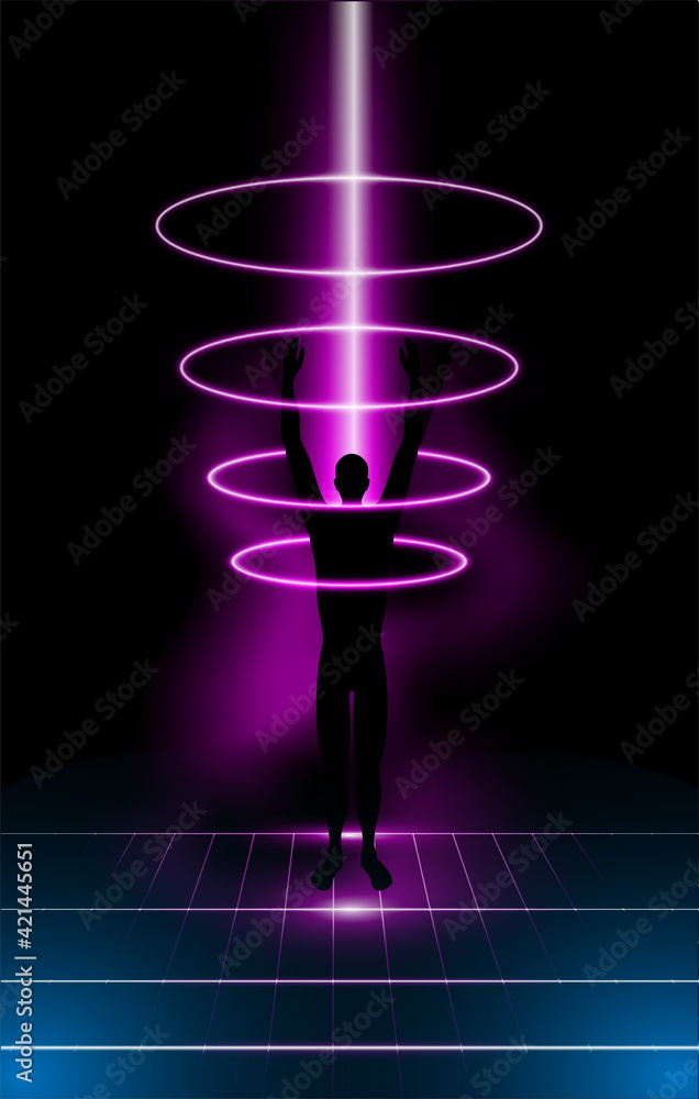 Poster a silhouette of a person in a portal in virtual reality. vector abstract background in cyberpunk sty