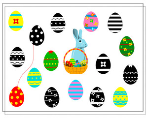 Find the right shadow, connect it with a line. Easter eggs. a puzzle game for kids. Easter bunny, basket. Vector isolated on a white background
