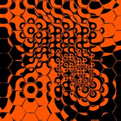 contemporary hexagonal mosaic design in modern art study with abstract shapes and composition in bright orange on jet black background