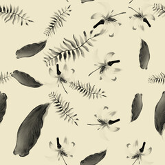 Gray Pattern Leaves. White Tropical Hibiscus. Seamless Hibiscus. Flower Hibiscus. Spring Leaves. Flora Plant. Spring Foliage. Floral Background. Spring Design.