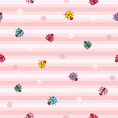 Illustration vector of colorful ladybugs beetles on pink stripe background design for seamless pattern