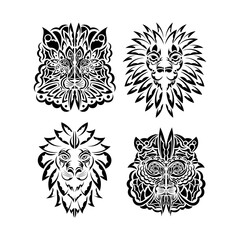 Lion tattoo set. Lion face in Mayan style. Exclusive style. Vector illustrator.