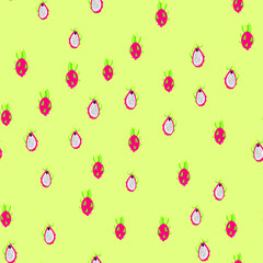 Seamless exotic pattern of bright and juicy dragon fruit for colorful fabrics.