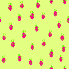 Fototapeta na wymiar Seamless exotic pattern of bright and juicy dragon fruit for colorful fabrics.