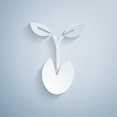 Paper cut Sprout icon isolated on grey background. Seed and seedling. Leaves sign. Leaf nature. Paper art style. Vector