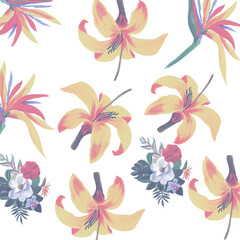 White Pattern Texture. Golden Tropical Texture. Organic Floral Textile. Natural Spring Botanical. Yellow Drawing Painting. Gray Flora Palm. Green Flower Hibiscus.