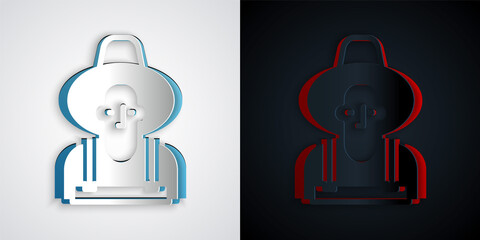 Paper cut Farmer in the hat icon isolated on grey and black background. Paper art style. Vector