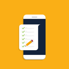 Check list document on smartphone, smartphone with paper check list and to do list with checkboxes, concept of survey, online quiz, completed things or done test, feedback.	