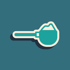 Green Measuring cup with flour icon isolated on green background. Baking Ingredients. Healthy organic food. Dough cooking. Long shadow style. Vector