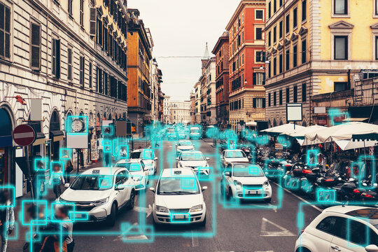 Detection And Recognition Of Cars And Faces Of People. AI Analyze BIG DATA. Artificial Intelligence AI Concept As Technology For Safe City In Future.