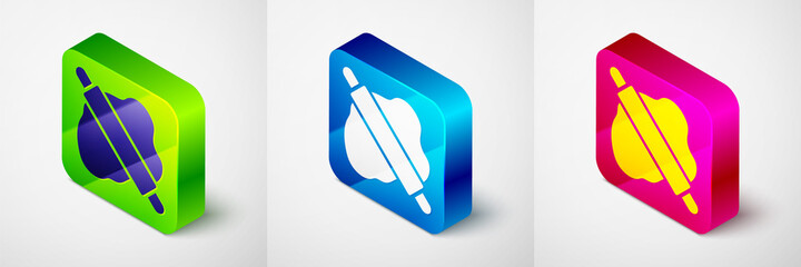 Isometric Rolling pin on dough icon isolated on grey background. Square button. Vector