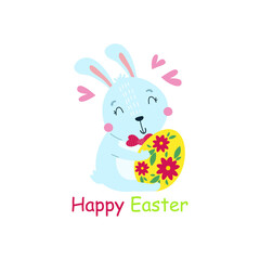 The Easter bunny is sitting and holding an egg in its paws.