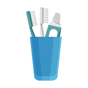 recommend clip art: A glass of toothpaste and toothbrushes. Oral hygiene. Healthy lifestyle. Vector illustration isolated on a white background for design and web.