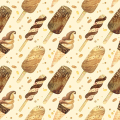 Seamless pattern - watercolor ice cream on a beige background. Product clipart. Premium dessert food, hand drawn illustration.