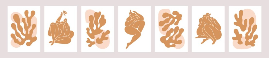 Set of trendy contemporary Matisse-inspired interior posters with abstract algae branches, shapes and woman portraits isolated on white. Modern minimalist wall art. Colored flat vector illustration