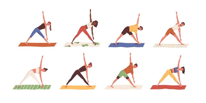 Set of happy people exercising yoga on mats. Men and women standing in triangle pose or trikonasana position, stretching their bodies. Colored flat vector illustration isolated on white background