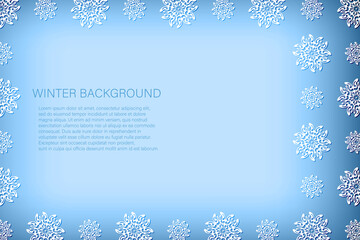 Christmas card with white snowflakes on blue background. Isolated snowflakes icon. Empty paper shape. Winter cartoon flat illustration. Copy space. Holiday pattern, banner, frame, greeting card design