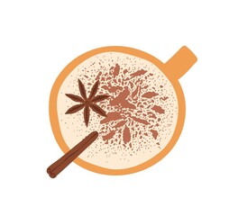 Cup of coffee with milk foam, winter spices, star anise, cinnamon stick and powder. Top view of spicy cappuccino mug. Colored flat vector illustration isolated on white background