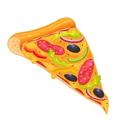 Slice of pizza with pepperoni and vegetables. Cartoon italian pizza for menu cafe design. Vector illustration.