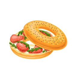 Bagel with cream cheese and smoked salmon. Traditional sandwich with cream cheese and salmon. New York Bagel vector illustration.