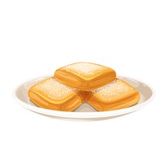 Beignet donuts with powdered sugar. Homemade new orleans traditional donuts on the plate vector illustration.