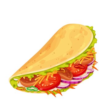 Tacos with meat and vegetable. Traditional mexican fast food. Vector illustration.