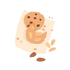 American chocolate chip cookie and bitten biscuit with nuts on napkin. Top view of fresh crunchy oat shortbread with almond or peanuts. Colored flat vector illustration isolated on white background