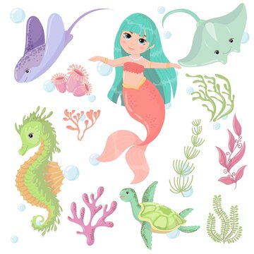 Cute cartoon mermaid with Green Hair and Pink tail. Marine animals and algae. A magical creature. Vector illustration isolated on white background.