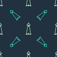 Green and beige Mosque tower or minaret icon isolated seamless pattern on blue background. Vector