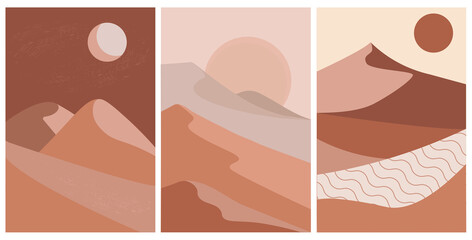 A set of modern abstract illustrations, landscapes. Mountains, dunes, desert, sun, moon in a minimalist style for posters, prints, wallpapers, textiles, invitations. Vector graphics.