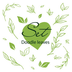Doodle leaves set. Eco theme. Spring set. Green branches and leaves with hand-drawn hearts. Vector illustration EPS10.