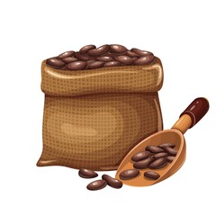 Bag ground cocoa with wooden spoon cartoon vector illustration for chocolate ad design