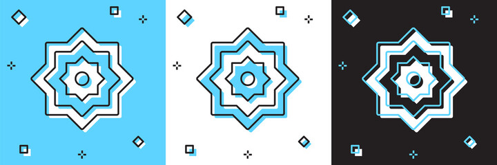 Set Islamic octagonal star ornament icon isolated on blue and white, black background. Vector
