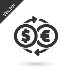 Grey Money exchange icon isolated on white background. Euro and Dollar cash transfer symbol. Banking currency sign. Vector