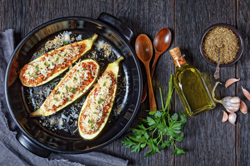 zucchini boats with ground meat, top view