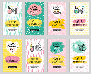 Naklejka premium Vector set of bright summer greeting cards. Beautiful summer posters with cocktail party, sunglasses, lifeline, and handwritten text. Magazine cards. discount, sale,for storis