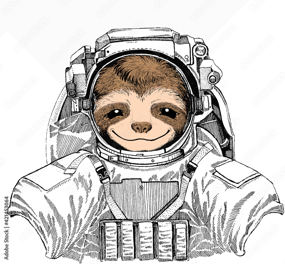 Wall mural smiling sloth face, vector portrait of sloth. wild astronaut animal in spacesuit. deep space. galaxy