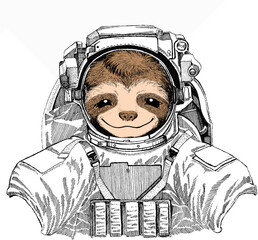 Smiling sloth face, vector portrait of sloth. Wild astronaut animal in spacesuit. Deep space. Galaxy. Animal portrait