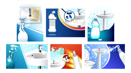 Bathroom Cleaner Advertising Posters Set Vector Illustration