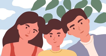 Family selfie portrait of mother, father and child. Dad, mom and son on nature background. Colored flat vector illustration of parents and teenager