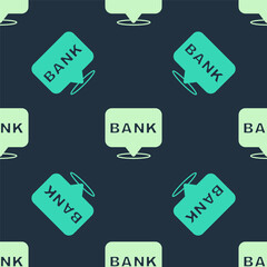 Green and beige Bank building icon isolated seamless pattern on blue background. Vector