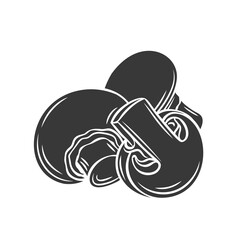 Champignon mushroom and slices glyph icon, vector cut monochrome badge. Tasty vegan ingredient isolated on white. Eco appetizing fungus, design element for food wrapping.