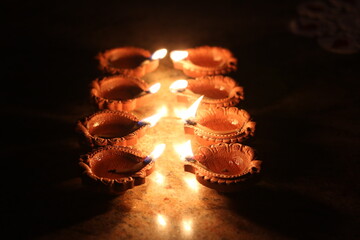 View of clay Diya's (Indian clay oil lamp)