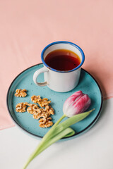 Walnuts on a ceramic plate with hot tea in enamel mug and a pink tulip. Healthy lifestyle mock up with spring pastel colors. Self time for relaxation or morning routine concept. Selective focus