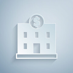 Paper cut Bank building icon isolated on grey background. Paper art style. Vector