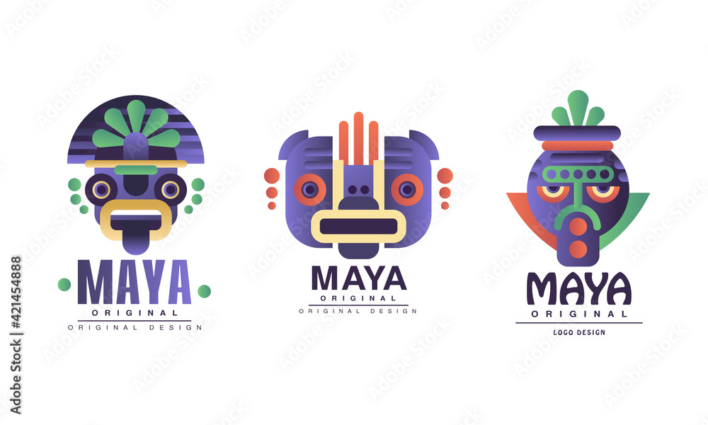 Sticker Maya Logo Original Design with Ethnic Mask Vector Set