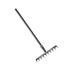 Garden rake glyph icon, vector cut monochrome badge. Garden tools vector illustration.