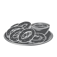 Onion rings, hand drawn fast food glyph icon, vector cut monochrome badge. Snack for design pub in vintage engraved style.