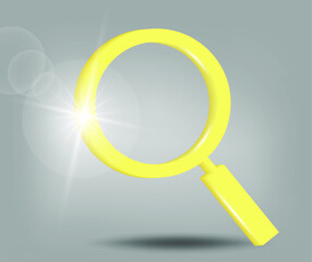 Volumetric magnifier icon. Research, find concept. 3d vector illustration in yellow - gray colors.