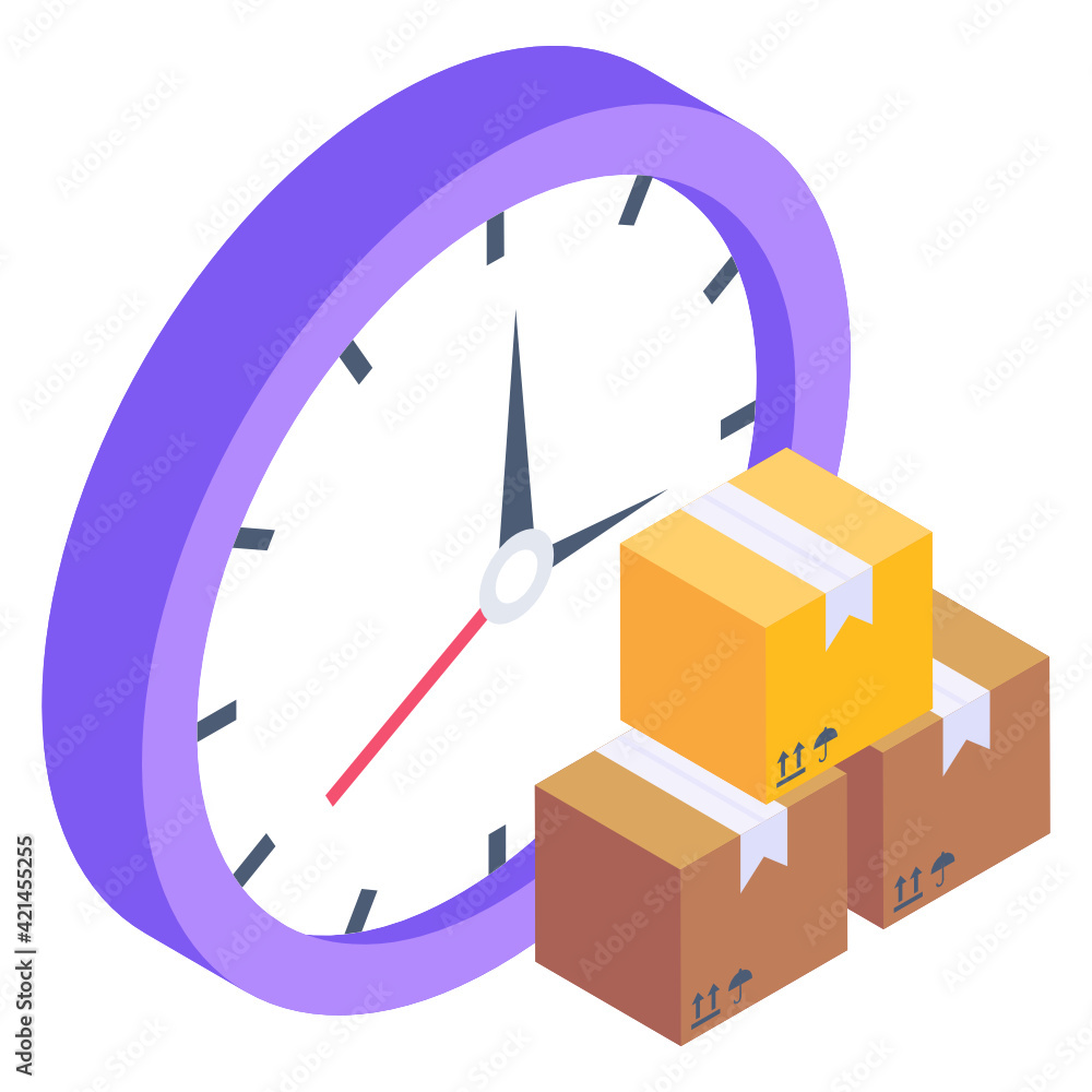 Wall mural clock with parcels symbolizing isometric icon of delivery time